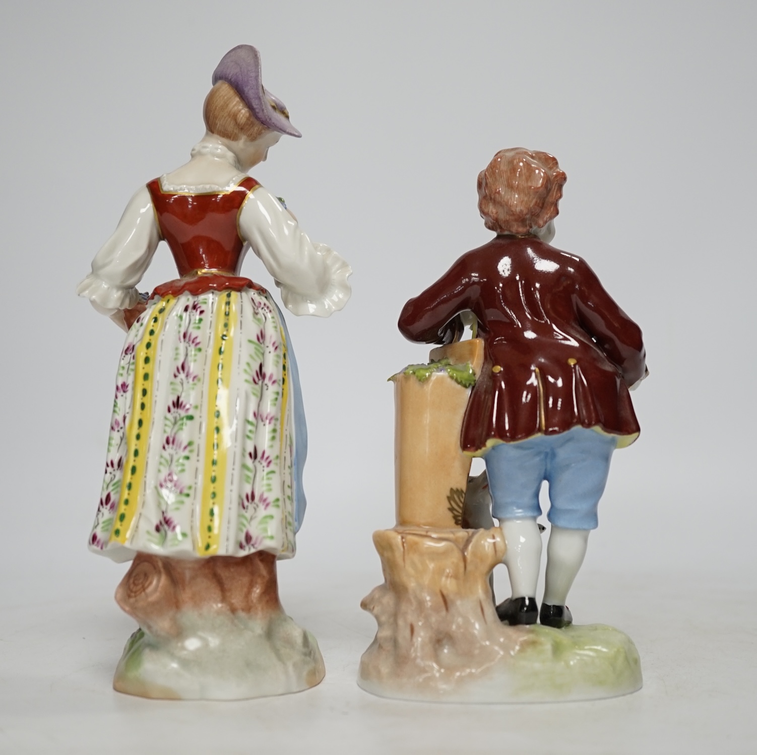 Two Dresden porcelain figures, tallest 19cm. Condition - fair to good
